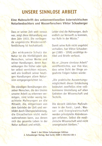 achterzijde boekomslag "unsere Sinnlose Arbeit " door Viktor Schauberger
